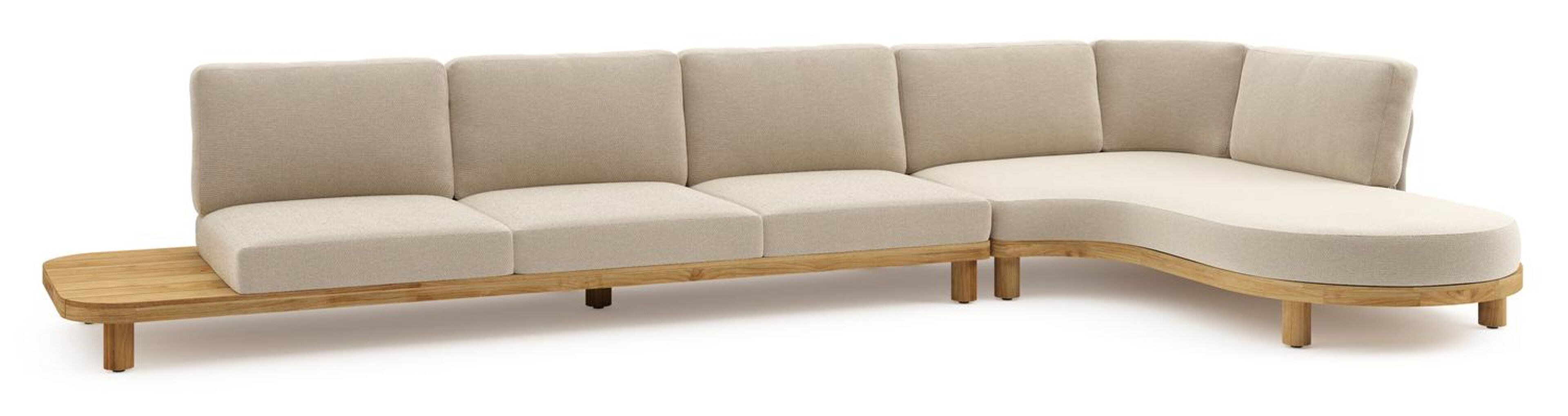 Salon de jardin d'angle Donato en teck et corde ronde tissée verticalement beige et coussins en all weather cosytica Althea Chalk