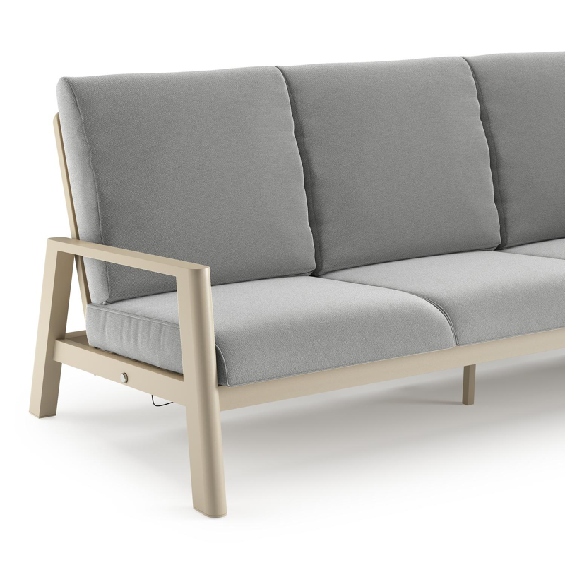 Canapé de jardin Cirello en aluminium beige et coussins en all weather sunbrella® luxe savane grey