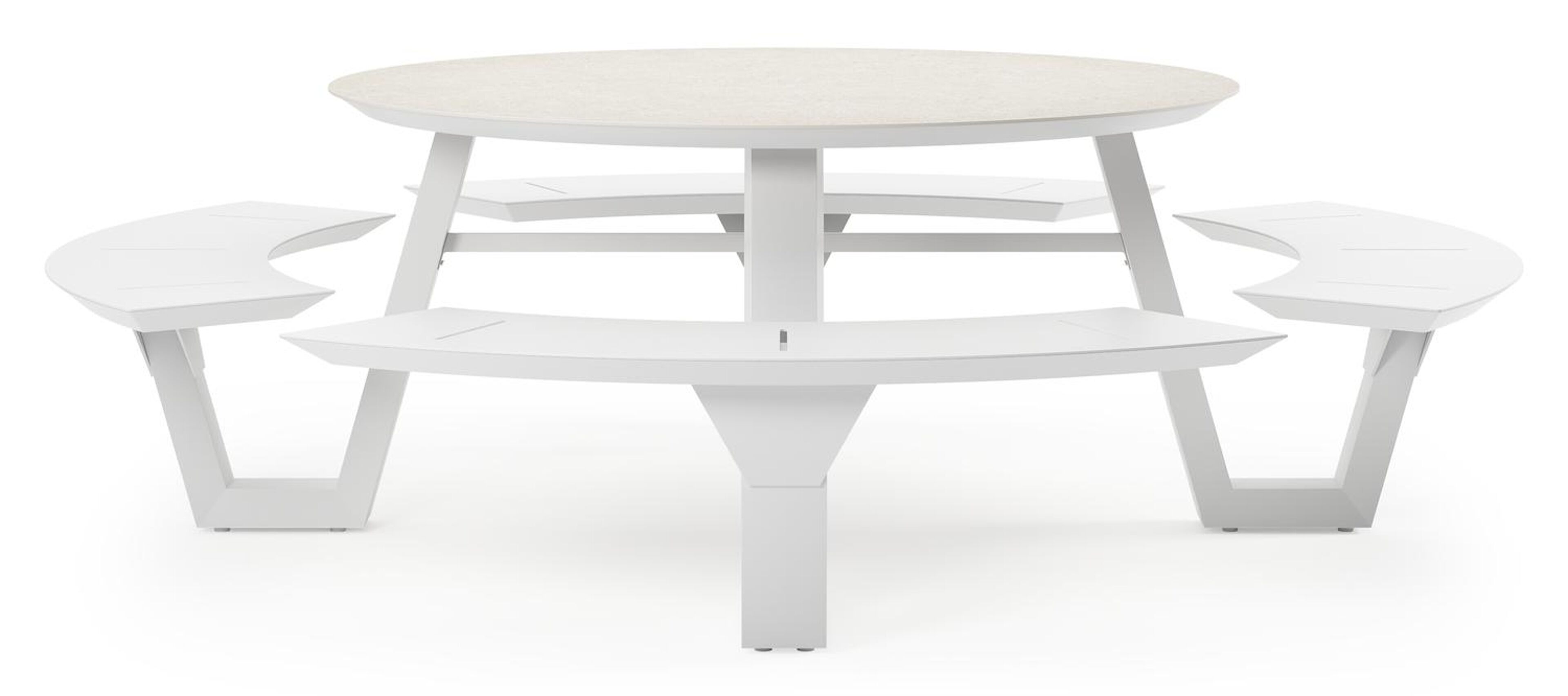 Rondino picknicktafel in wit aluminium en volkeramiek shilin tafelblad - Ø 236 x H 71,5 cm