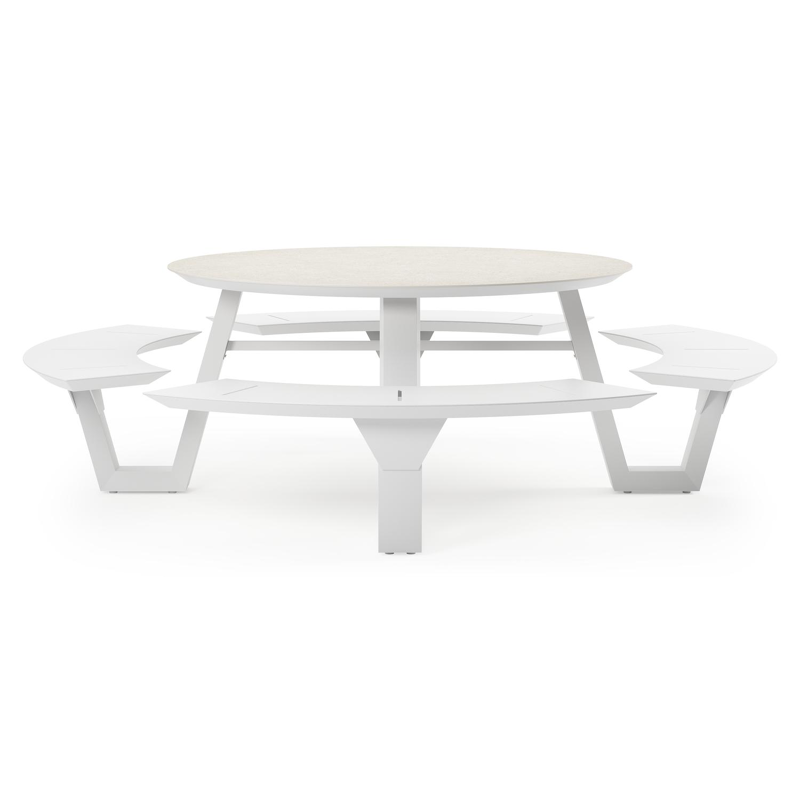 Rondino picknicktafel in wit aluminium en volkeramiek shilin tafelblad - Ø 236 x H 71,5 cm