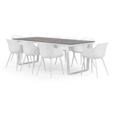 Alora tuinset in wit aluminium en grijs keramische print tafelblad met 8 Paco tuinstoelen