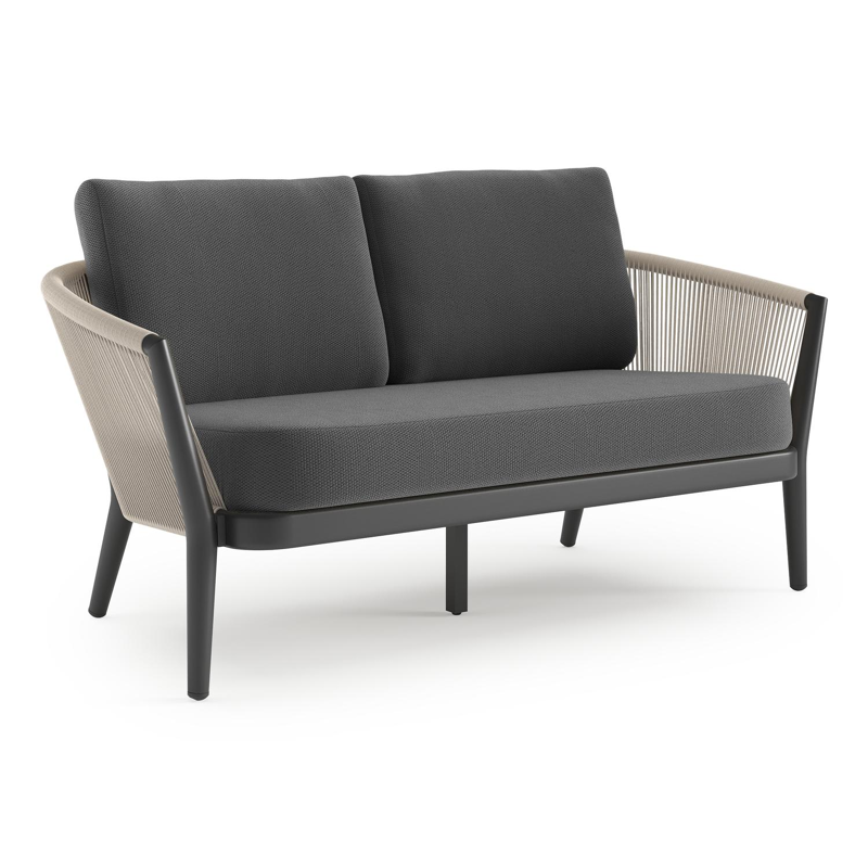 Orso loungebank in zwart aluminium en beige verticaal geweven ronde rope met Lopi Shadow all weather sunbrella® luxe kussen
