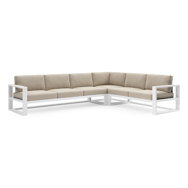 Verato loungehoek in wit aluminium met bora desert all weather cosytica kussen