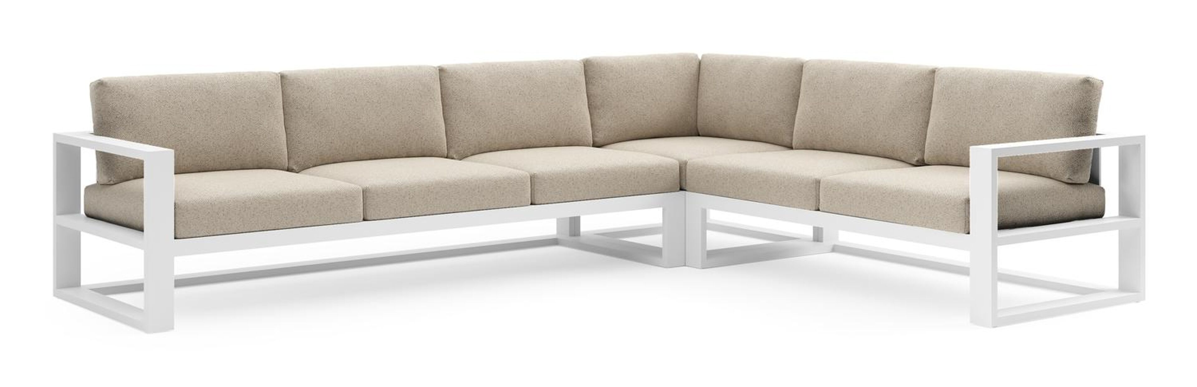 Verato loungehoek in wit aluminium met bora desert all weather cosytica kussen