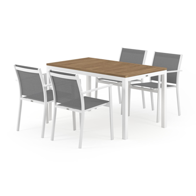 Feltro tuinset in wit aluminium en naturel teak tafelblad met 4 stapelbare Bareto tuinstoelen