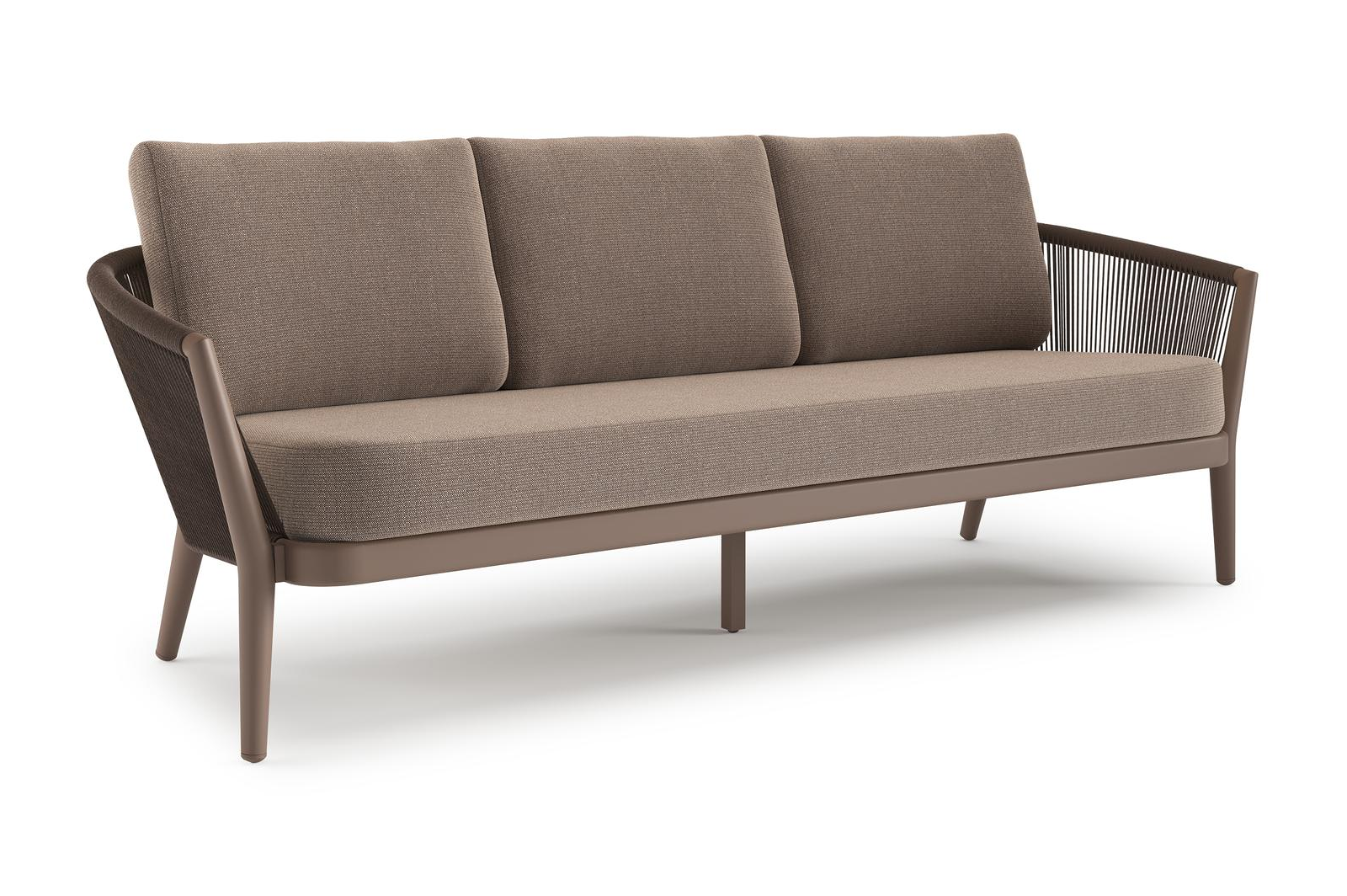 Canapé de jardin Orso en aluminium taupe en corde ronde tissée verticalement noir et coussins en all weather sunbrella® luxe Savane Earth