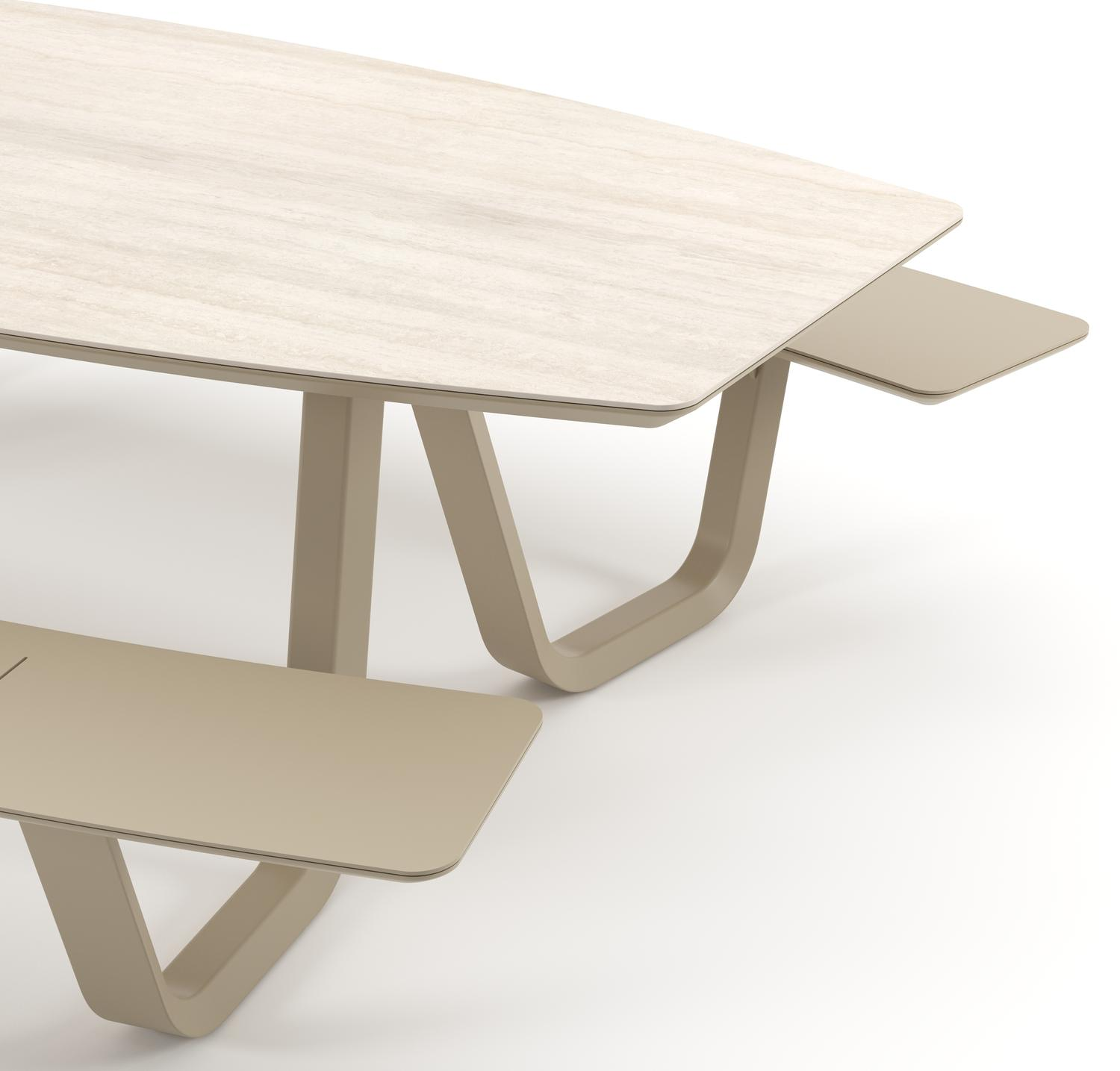Table de pique-nique Forno forme de bateau en aluminium beige et céramique pleine Travertino Bianco - Lg. 240 x Lrg. 181 x Haut. 72 cm