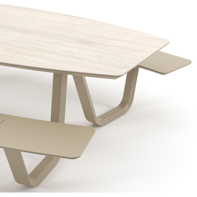 Forno picknicktafel bootvorm in beige aluminium en volkeramiek Travertino Bianco - L 240 x B 181 x H 72 cm