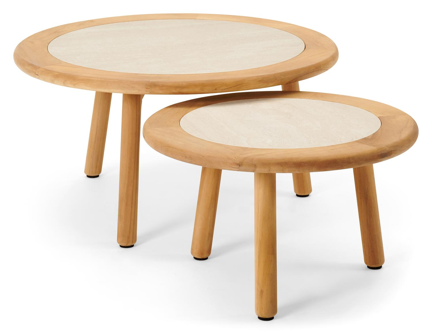Tables basses Gardo en teck et céramique pleine beige - Diam. 80/60 x Haut. 36,5/30,5 cm