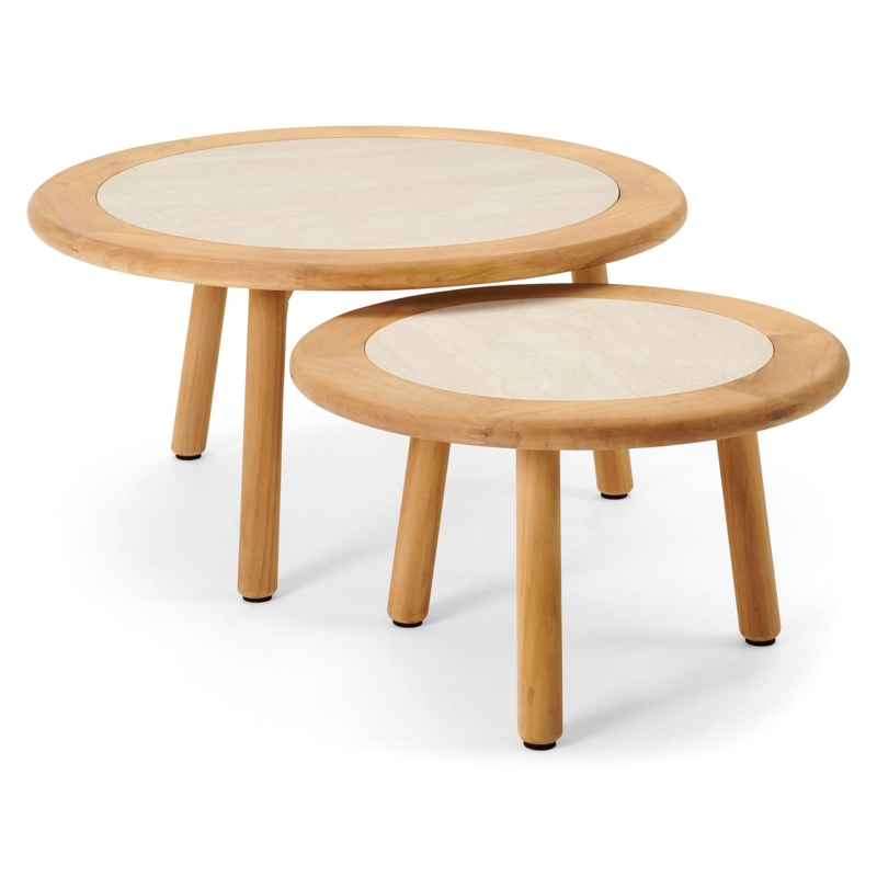 Tables basses Gardo en teck et céramique pleine beige - Diam. 80/60 x Haut. 36,5/30,5 cm