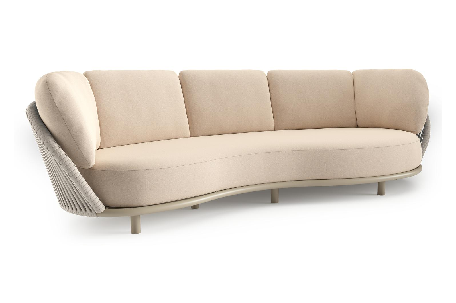 Lupino loungebank in beige aluminium en beige verticaal geweven luxe vlakke brede rope met heritage papyrus all weather sunbrella® luxe kussen