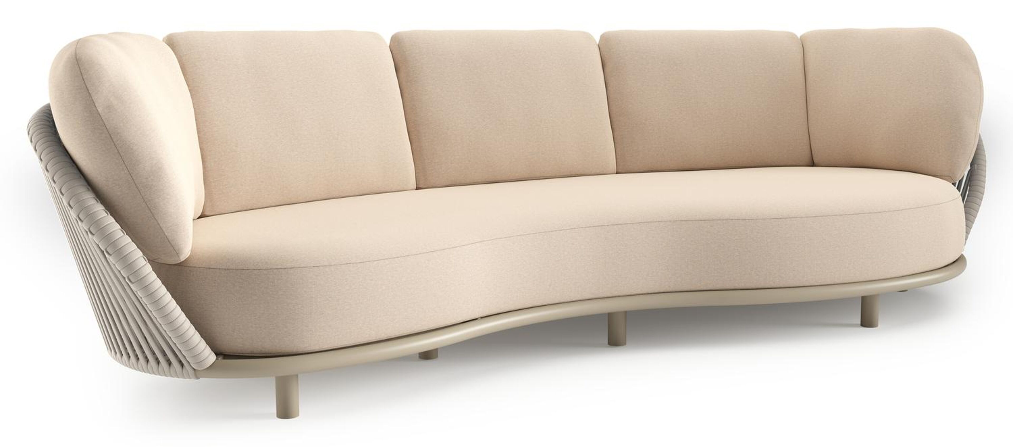 Canapé de jardin Lupino en aluminium beige et corde large plate de luxe tissée verticalement beige et coussins en all weather sunbrella® luxe heritage papyrus