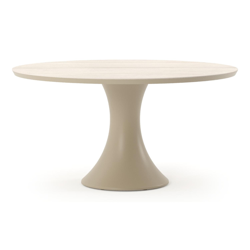 Table de jardin Fano ronde en aluminium beige et céramique pleine Travertino Bianco - Diam. 148 x Haut. 75 cm