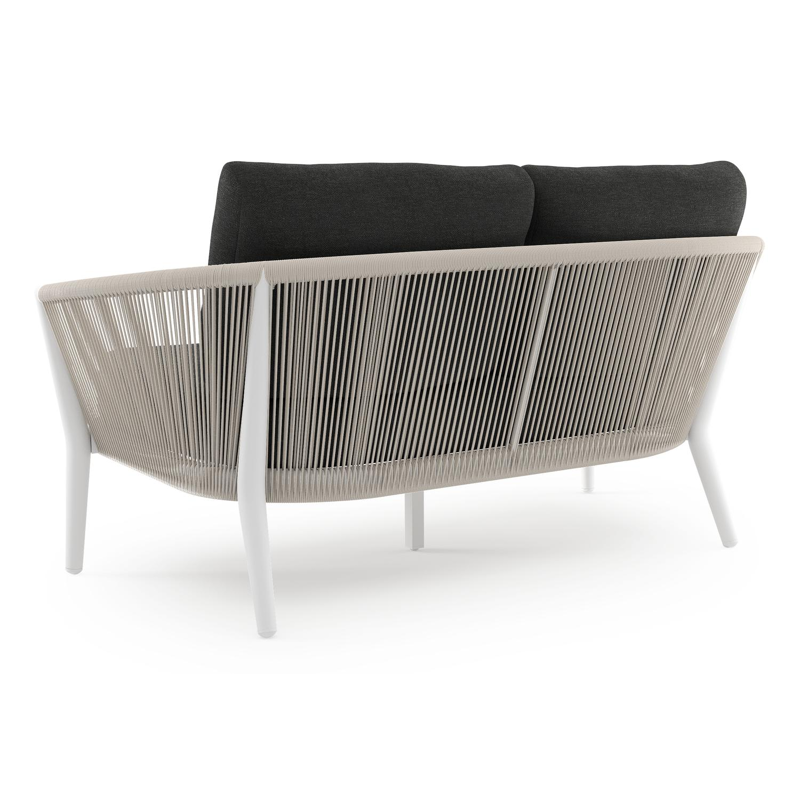 Canapé de jardin Orso en aluminium blanc en corde ronde tissée verticalement beige et coussins en all weather sunbrella® luxe Chartres Sooty