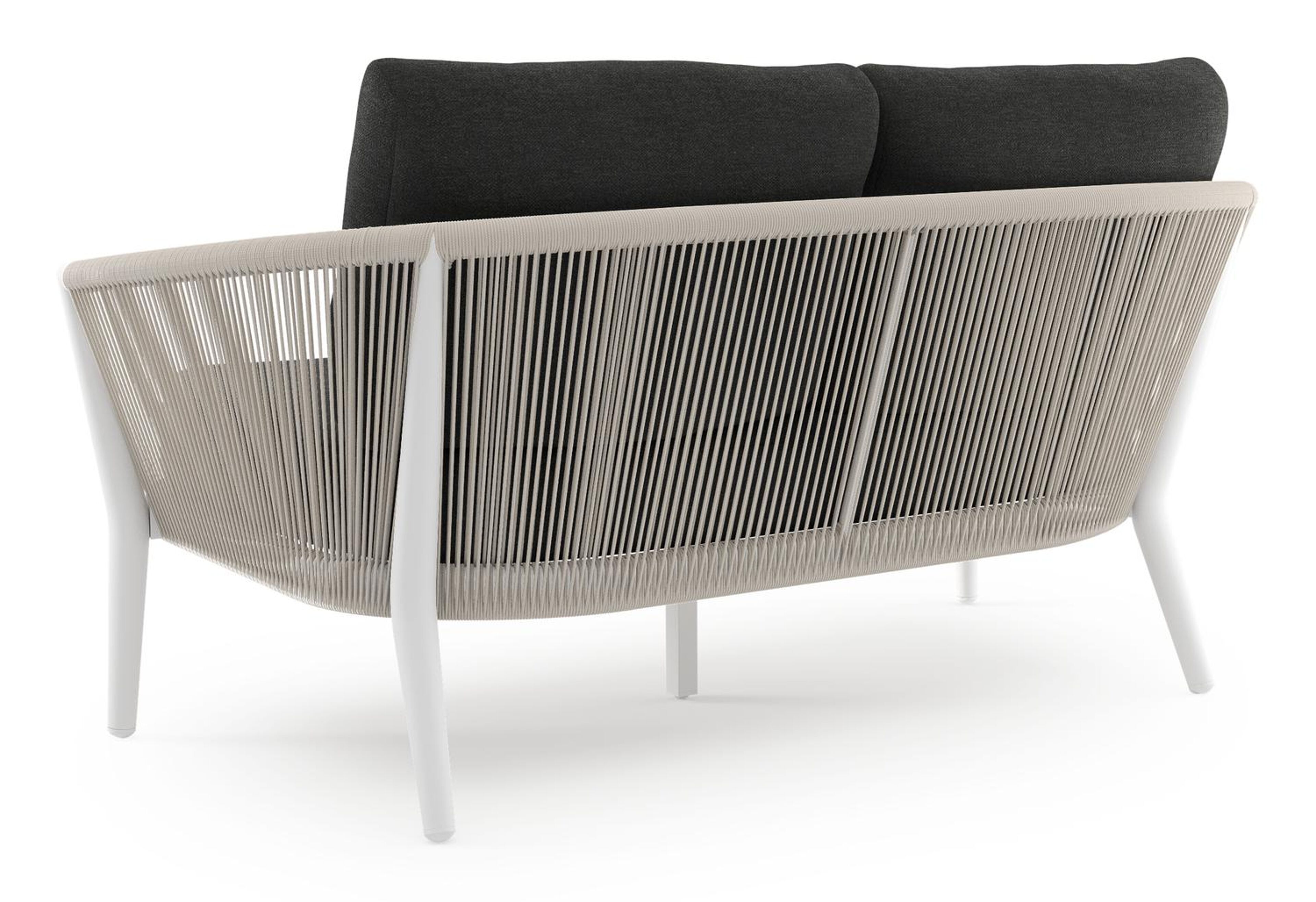 Orso loungebank in wit aluminium en beige verticaal geweven ronde rope met Chartres Sooty all weather sunbrella® luxe kussen
