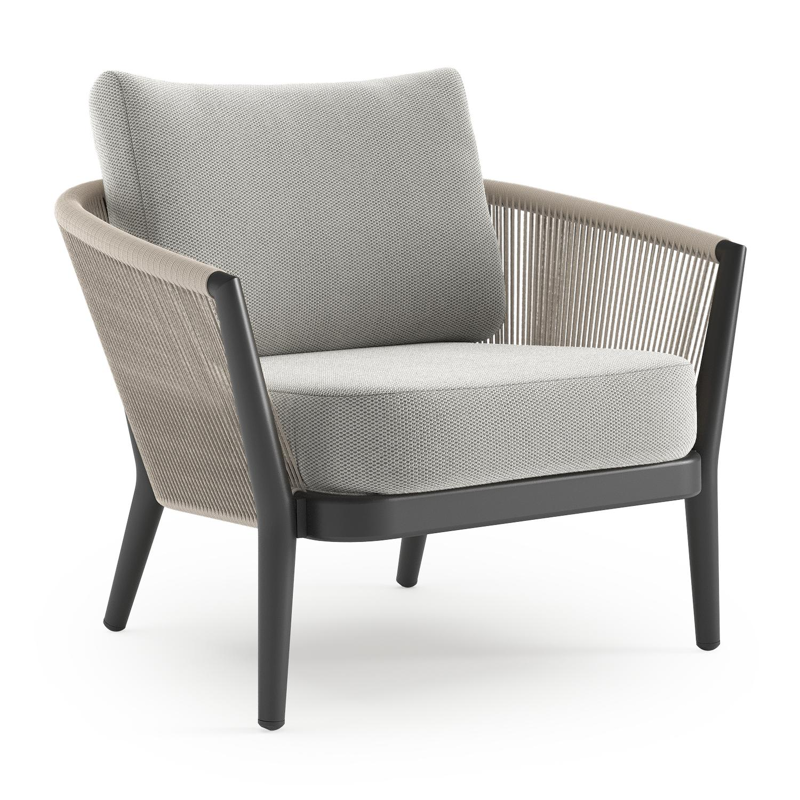 Orso loungestoel in zwart aluminium en beige verticaal geweven ronde rope met Lopi Ash all weather sunbrella® luxe kussen