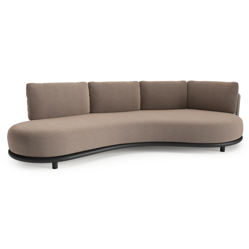 Lomano loungebank in zwart aluminium en beige verticaal geweven luxe vlakke rope met savane earth all weather sunbrella® luxe kussen