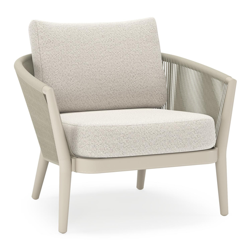 Fauteuil de jardin Orso en aluminium beige en corde ronde tissée verticalement beige et coussins en all weather solica Firenze Natural