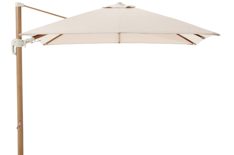 Parasol pendant Rufina avec fonction tilt en aspect de bois avec toile de parasol en all weather sunbrella® premium beige - Lg.1 300 x Lg.2 300 cm (sans pied de parasol)