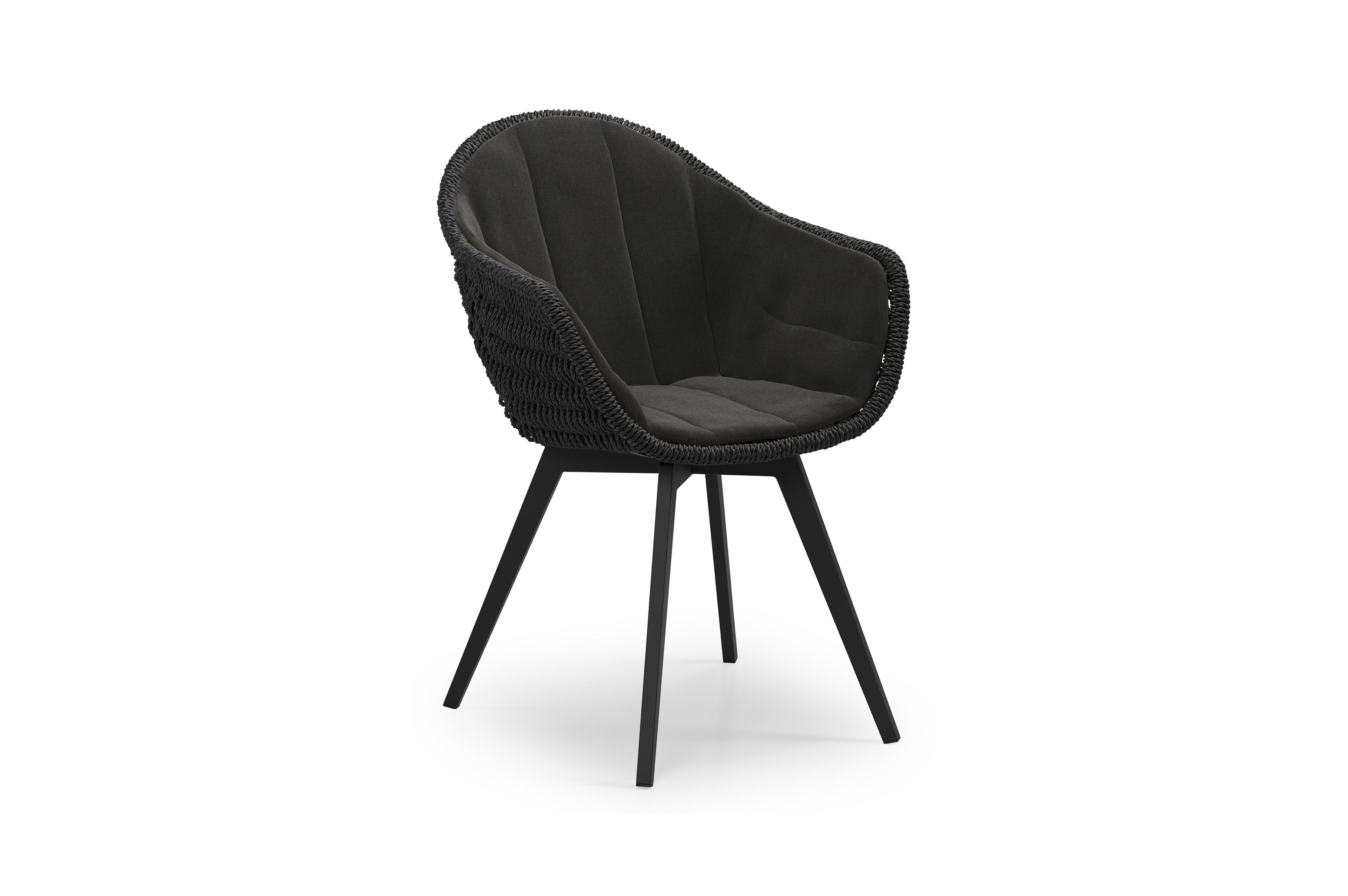 Pagino tuinstoel in zwart aluminium en zwart ronde wicker met zitkussen in All Weather Sunbrella® Luxe Natte Sooty