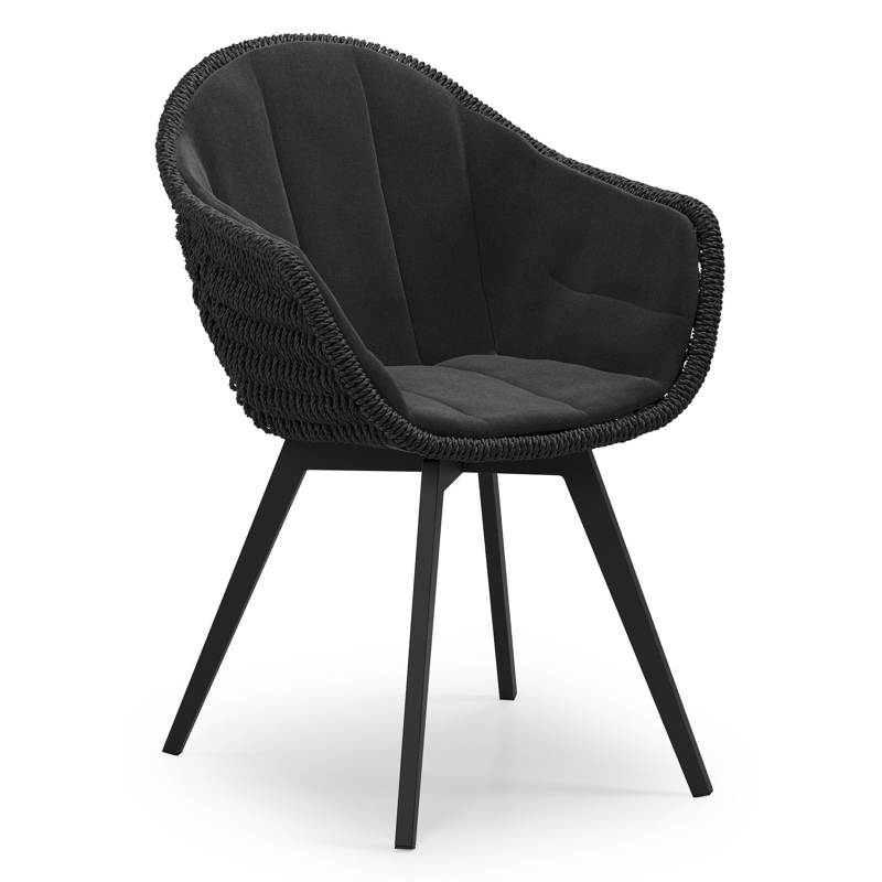 Pagino tuinstoel in zwart aluminium en zwart ronde wicker met zitkussen in All Weather Sunbrella® Luxe Natte Sooty