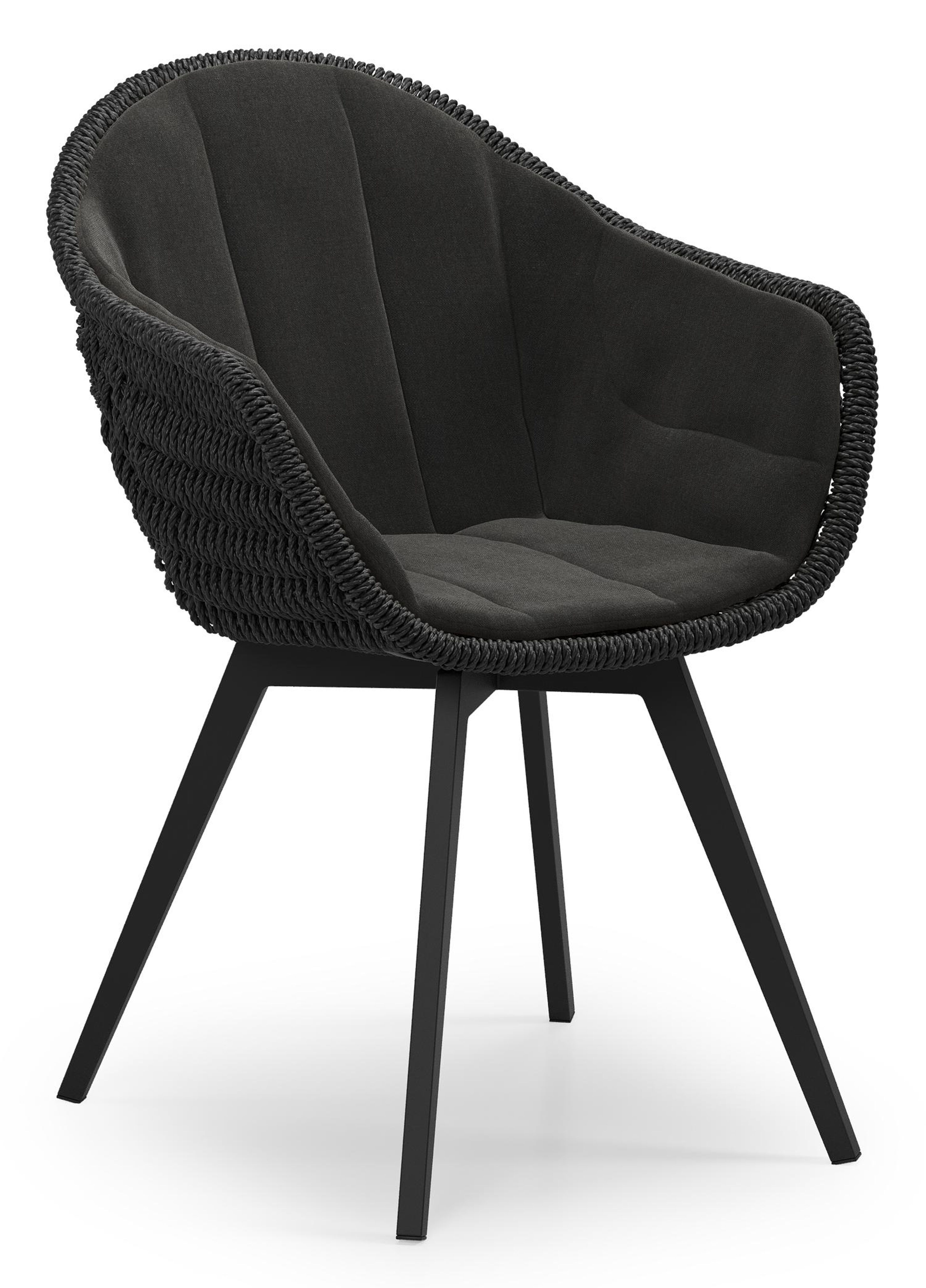 Pagino tuinstoel in zwart aluminium en zwart ronde wicker met zitkussen in All Weather Sunbrella® Luxe Natte Sooty