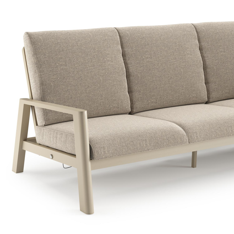 Canapé de jardin Cirello en aluminium beige et coussins en all weather sunbrella® luxe chartres pewter