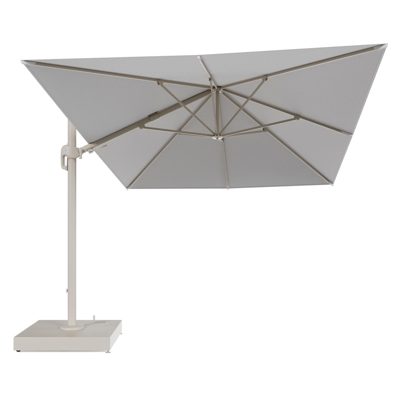 Rufina zweefparasol met tiltfunctie in beige aluminium en Ego Birch All Weather Solica parasoldoek - L1 400 x L2 300 cm met parasolvoet Minore 260 kg met wielen