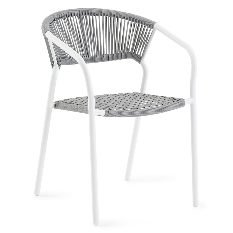 Ensemble de jardin Calzo en aluminium blanc avec plateau de table en polywood naturel et 8 chaises de jardin empilables Vigo