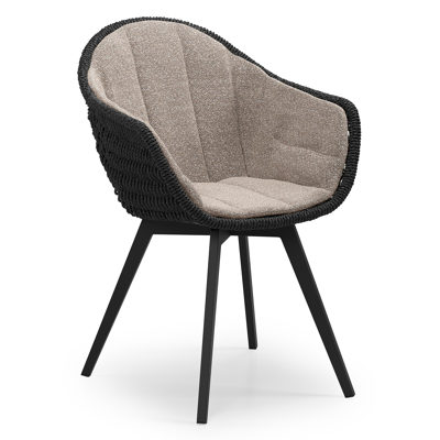 Chaise de jardin Pagino en aluminium noir et résine tressée ronde noir avec coussin en All Weather Sunbrella® Luxe Wander Manioc