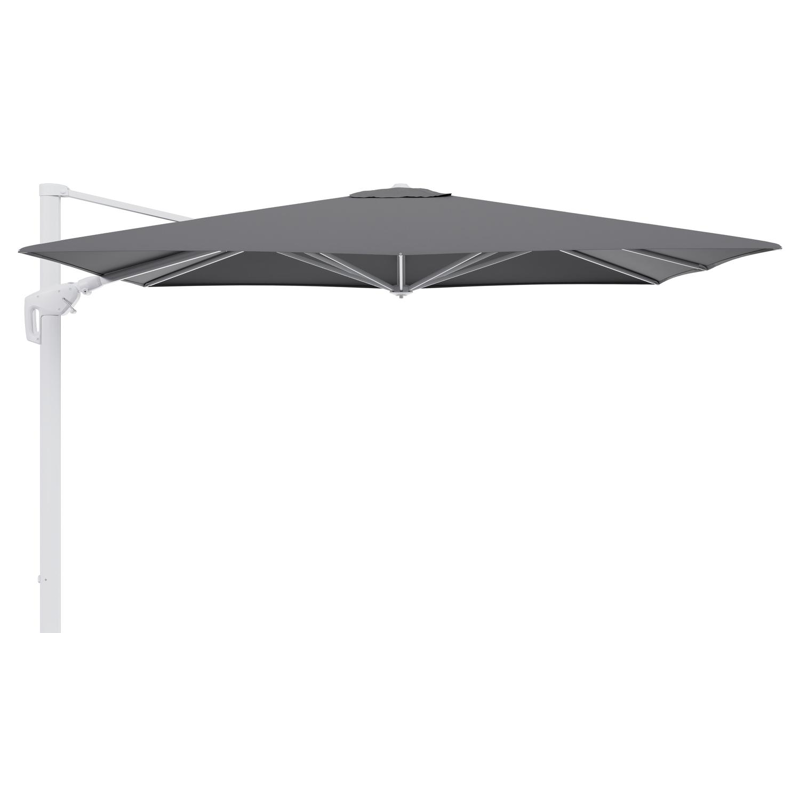 Minore zweefparasol tiltfunctie in wit aluminium en parasoldoek in All Weather Sunbrella® Luxe Natte Charcoal Chine - L1 280 x L2: 370 cm (zonder voet)