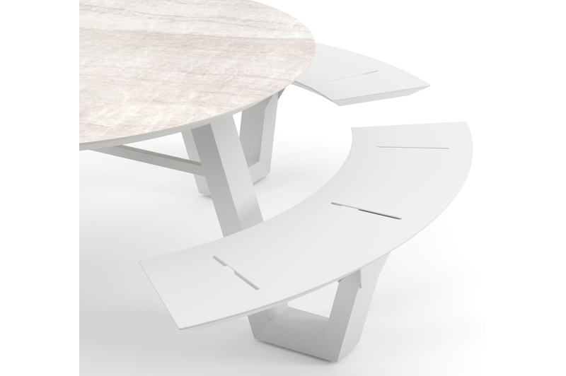 Table de pique-nique Rondino ronde en aluminium blanc et céramique pleine Taj Mahal - Diam. 148 x Haut. 71.5 cm