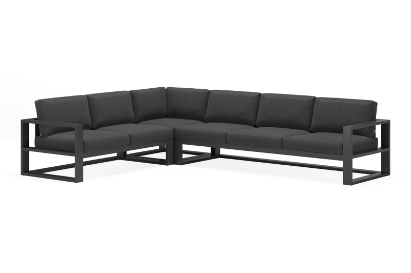 Verato loungehoek in zwart aluminium met tundra charcoal all weather sunbrella® luxe kussens