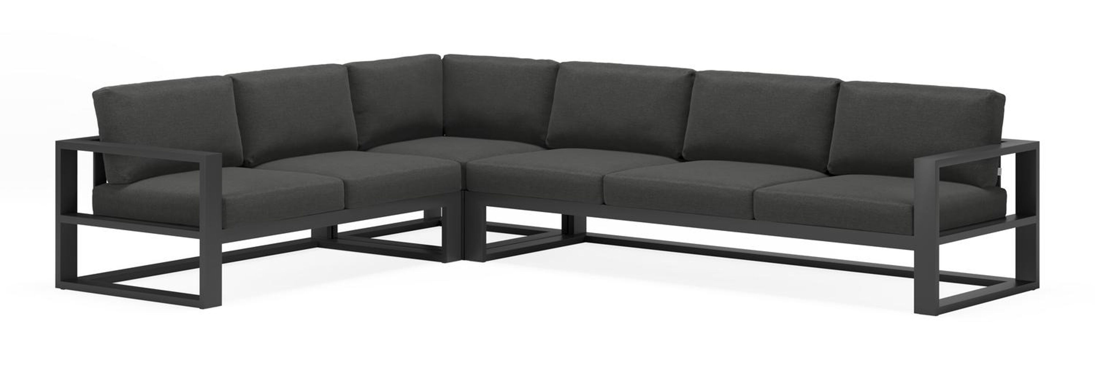 Verato loungehoek in zwart aluminium met tundra charcoal all weather sunbrella® luxe kussens