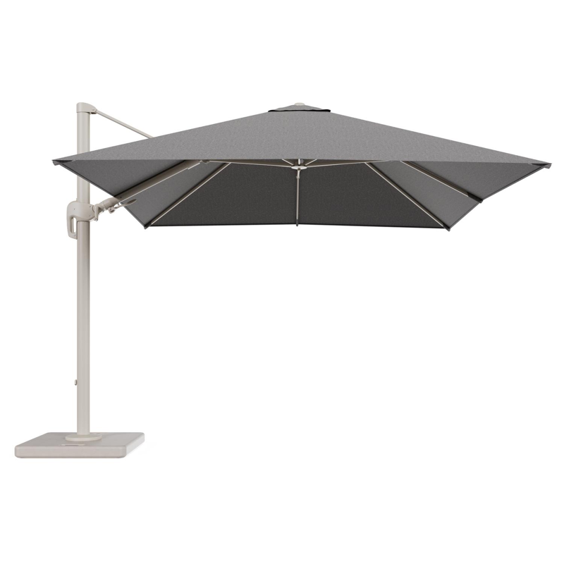 Rufina zweefparasol tiltfunctie in beige aluminium en parasoldoek in All Weather Sunbrella® Luxe Chartres Drizzle - L1 300 x L2 300 cm met parasolvoet Lapido 120 kg