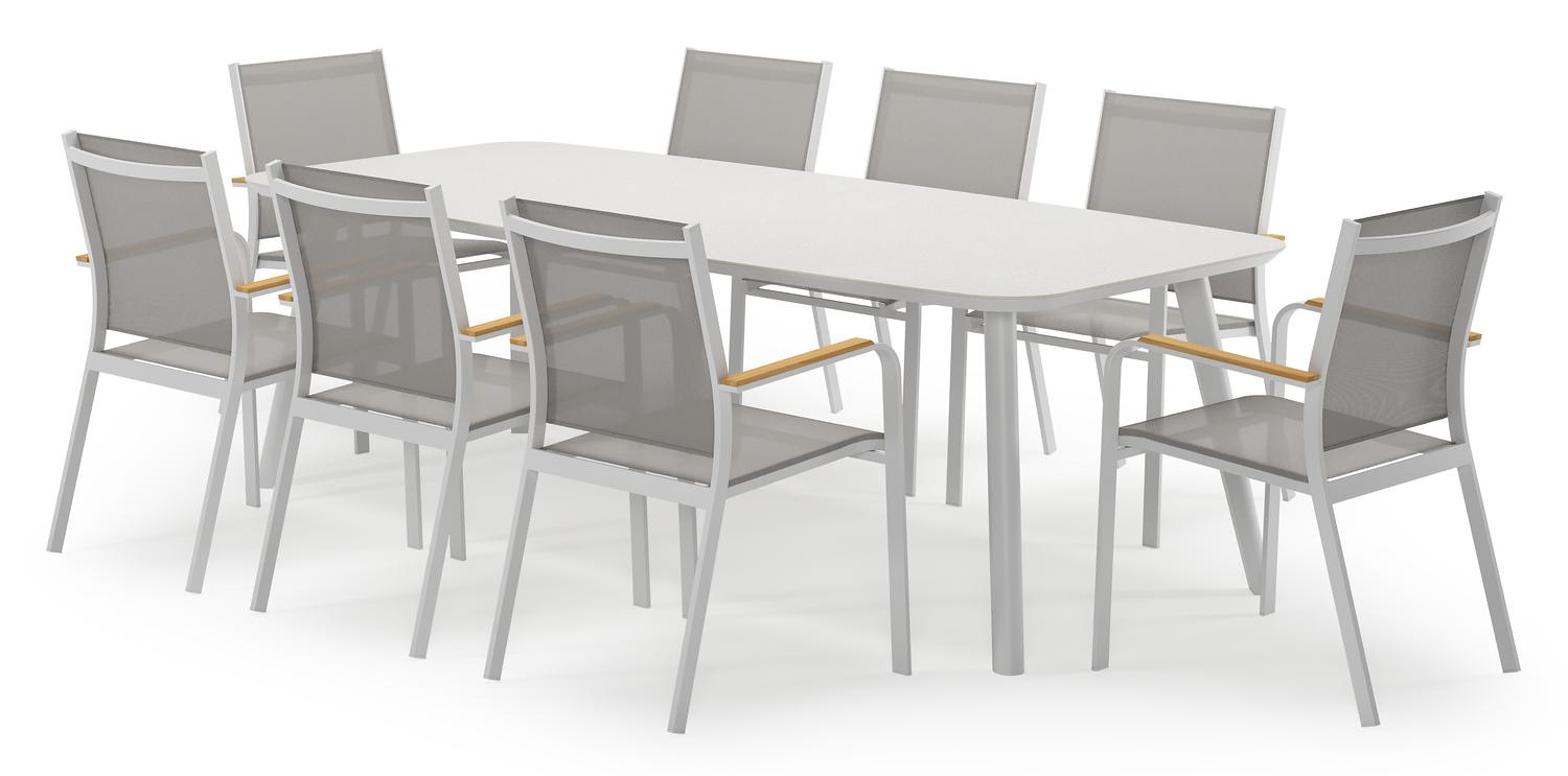 Mosa bootvormige tuinset in wit aluminium en sintered stone topo minerale met 8 Amalfi tuinstoelen