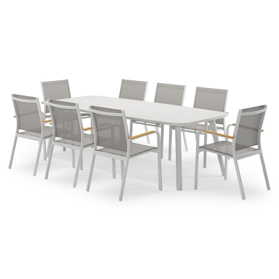 Mosa bootvormige tuinset in wit aluminium en sintered stone topo minerale met 8 Amalfi tuinstoelen