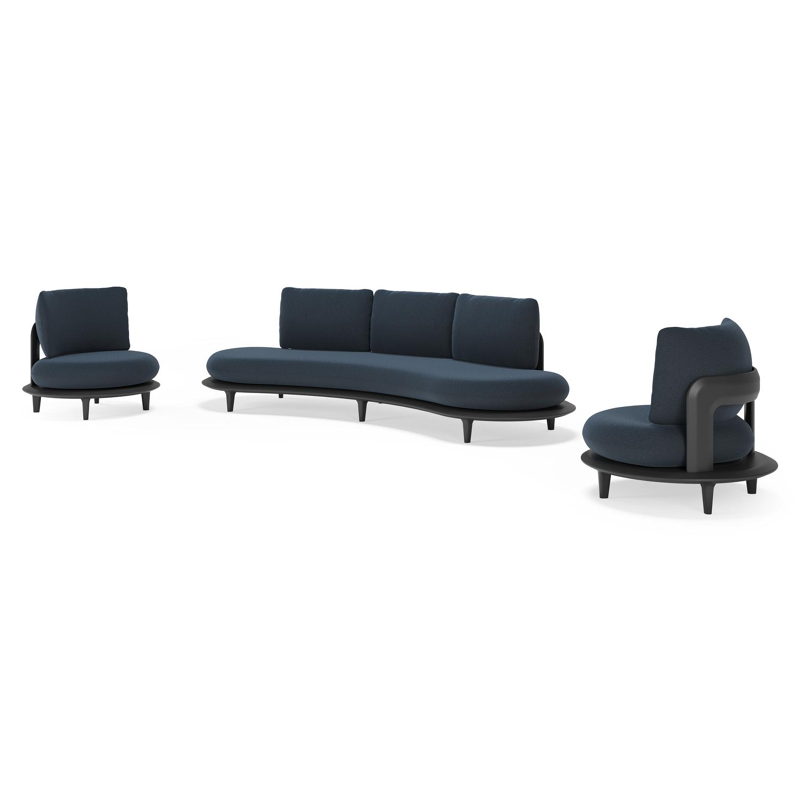 Bomero loungeset in zwart aluminium met heritage indigo all weather sunbrella® luxe kussen