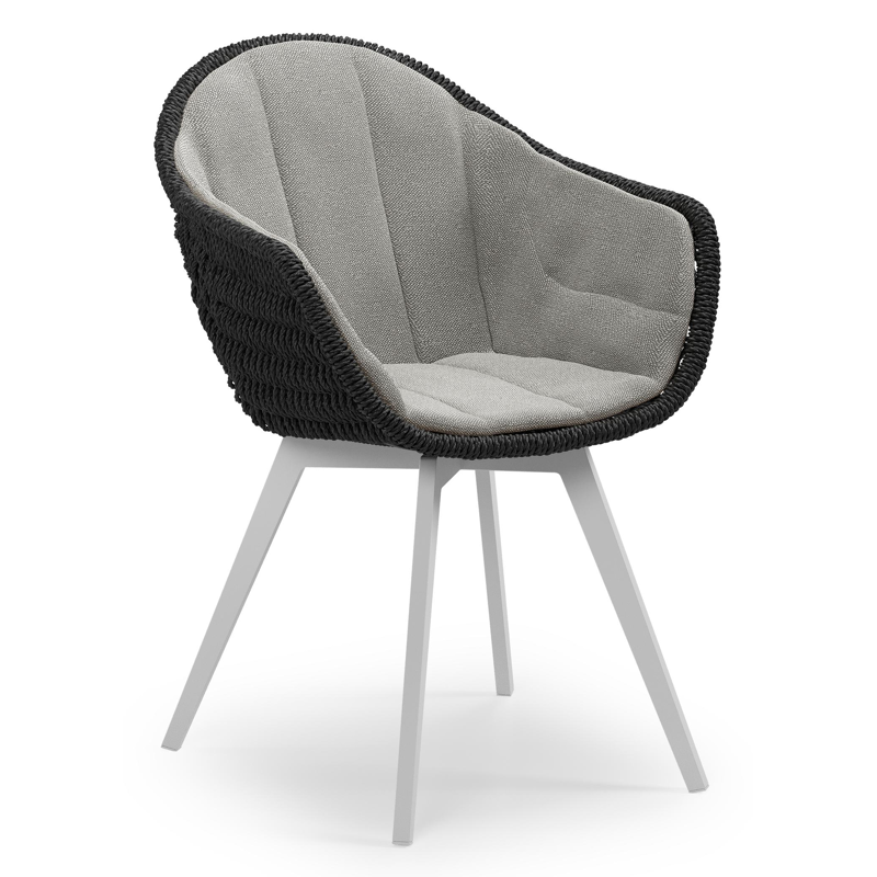 Pagino tuinstoel in wit aluminium en zwart ronde wicker met zitkussen in All Weather Sunbrella® Luxe Savane Zinc