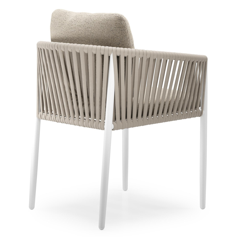 Organo tuinstoel in wit aluminium en beige verticaal geweven luxe vlakke rope met zitkussen in All Weather Cosytica Marbella Beige