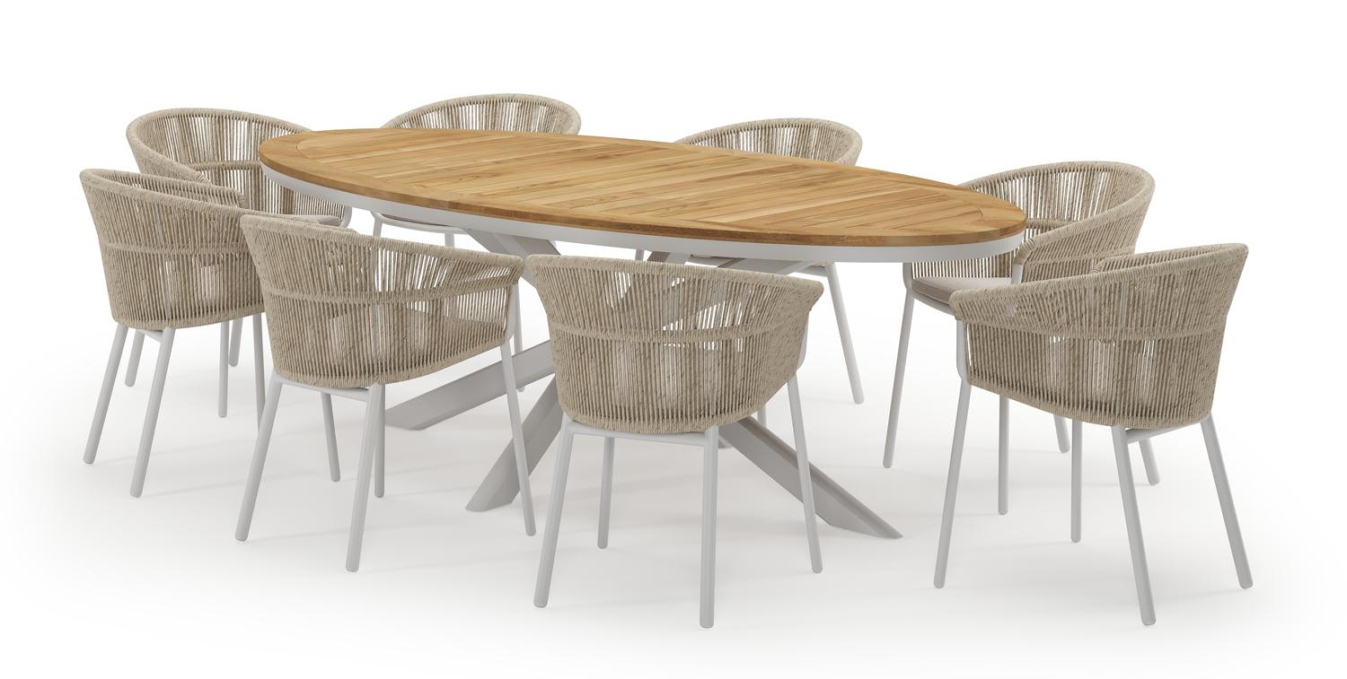 Pamplona ensemble de jardin ovale en aluminium blanc en teck natural finish avec 8 chaises de jardin Matera
