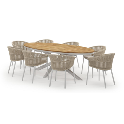 Pamplona ovale tuinset in wit aluminium en teak natural finish met 8 Matera tuinstoelen