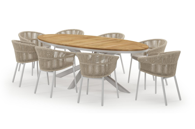 Pamplona ovale tuinset in wit aluminium en teak natural finish met 8 Matera tuinstoelen
