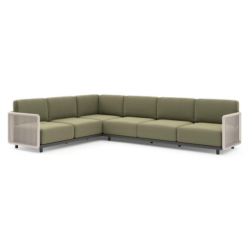 Salon de jardin d'angle Organo en aluminium noir et corde luxe plate tissée verticalement beige et coussin en all weather Sunbrella® luxe heritage leaf