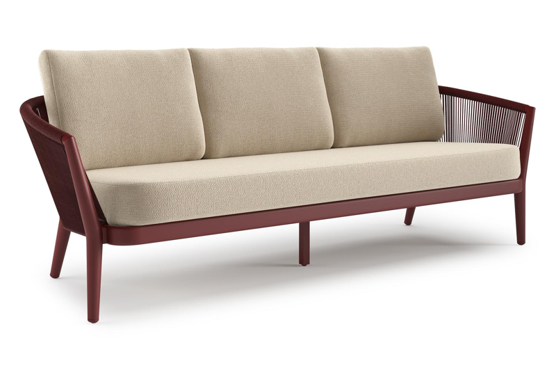 Orso loungebank in ruby aluminium en ruby verticaal geweven ronde rope met Althea Chalk all weather cosytica kussen