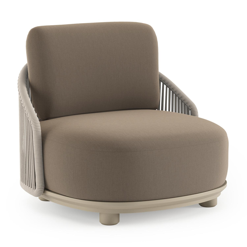 Fauteuil de jardin Vadelo en aluminium beige et corde ronde tissée verticalement beige et coussins en all weather sunbrella® luxe natte heather grey