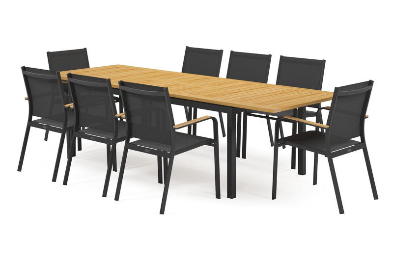 Amalfi tuinset met verlengbare tafel in zwart aluminium en teak tafelblad met 8 stapelbare Amalfi tuinstoelen