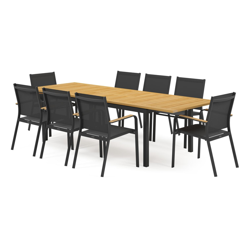 Amalfi tuinset met verlengbare tafel in zwart aluminium en teak tafelblad met 8 stapelbare Amalfi tuinstoelen