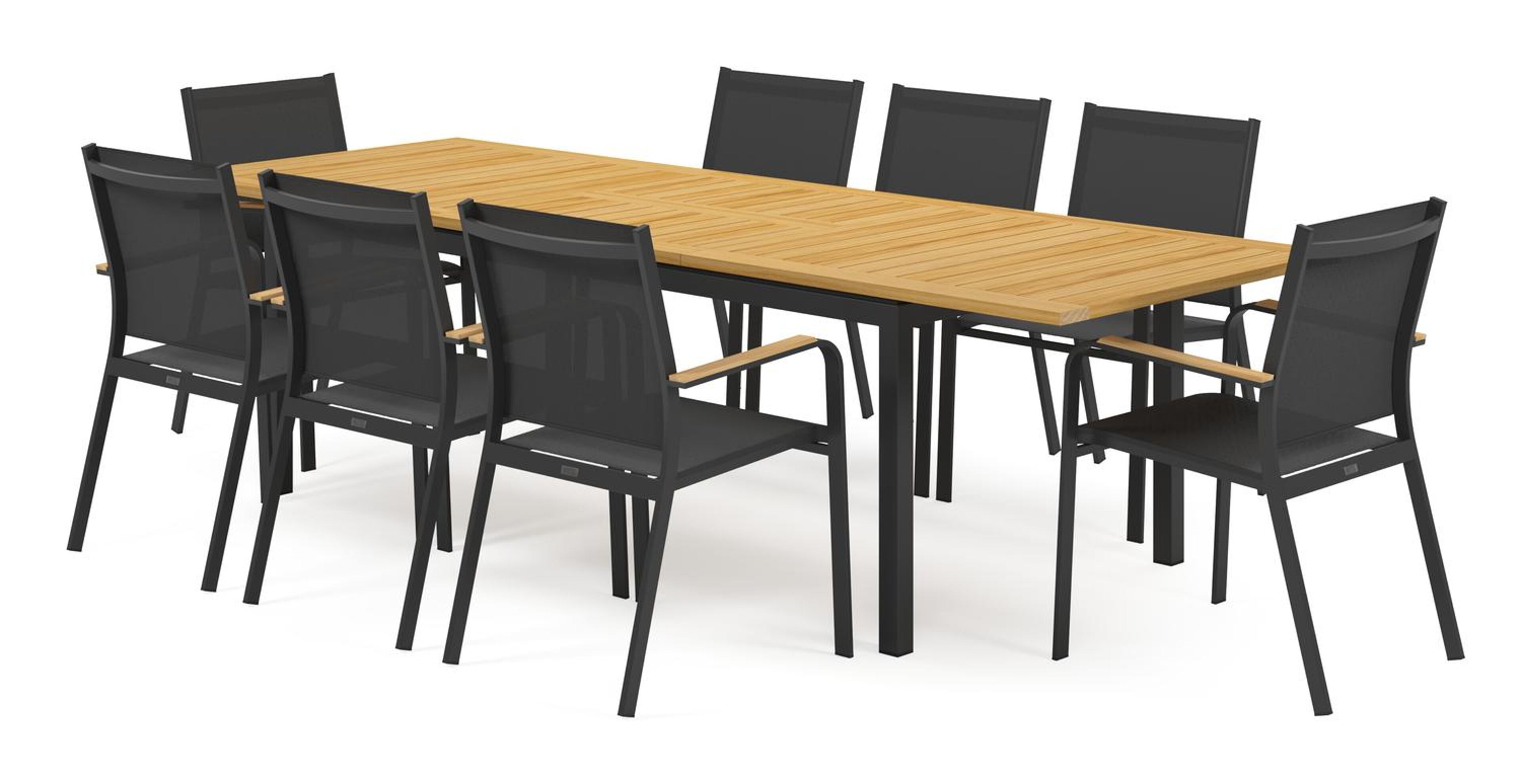 Amalfi tuinset met verlengbare tafel in zwart aluminium en teak tafelblad met 8 stapelbare Amalfi tuinstoelen