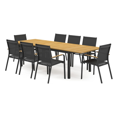 Amalfi tuinset met verlengbare tafel in zwart aluminium en teak tafelblad met 8 stapelbare Amalfi tuinstoelen
